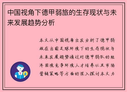 中国视角下德甲弱旅的生存现状与未来发展趋势分析